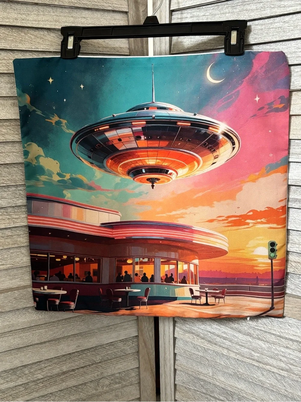 NEW Googie Neon “Twilight Diner” Retro UFO Dopamine Decor Throw Pillow 18”Wx17L